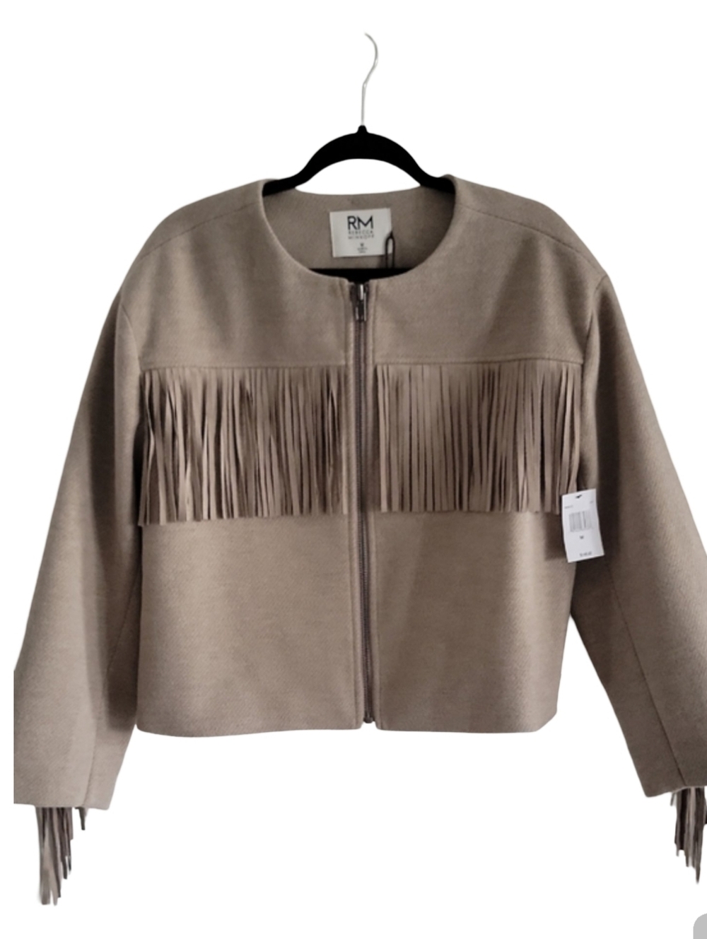 RM Rebecca Minkoff Taupe Fringe Zip-Front Jacket - Picture 12 of 13